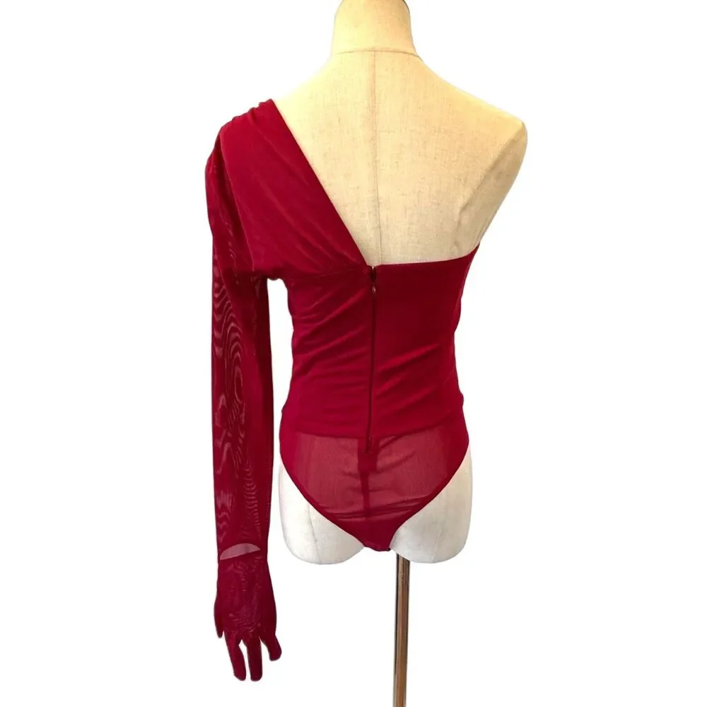 Michael Costello Red One-Shoulder Bodysuit - Picture 3 of 8